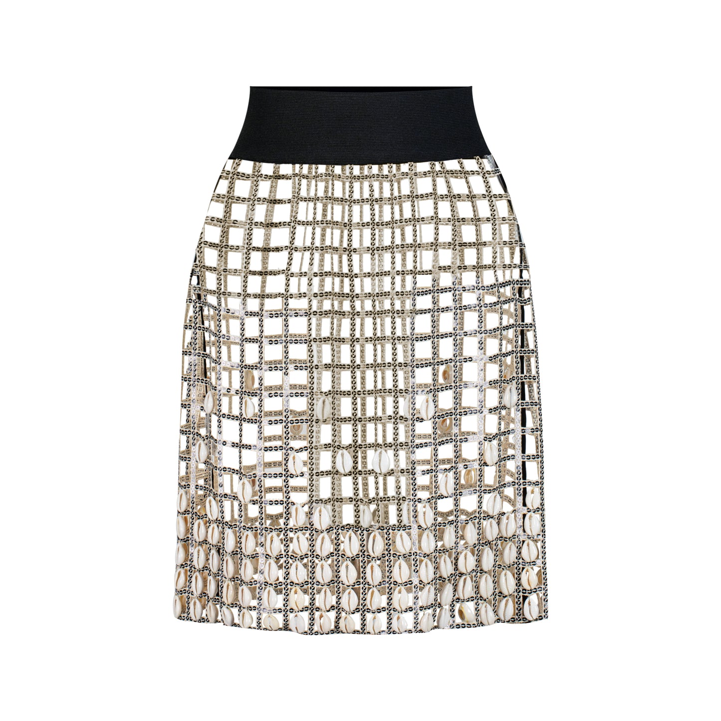 Sequin cut-out skirt with cowrie shells featuring beige sequins and elastic waistband.