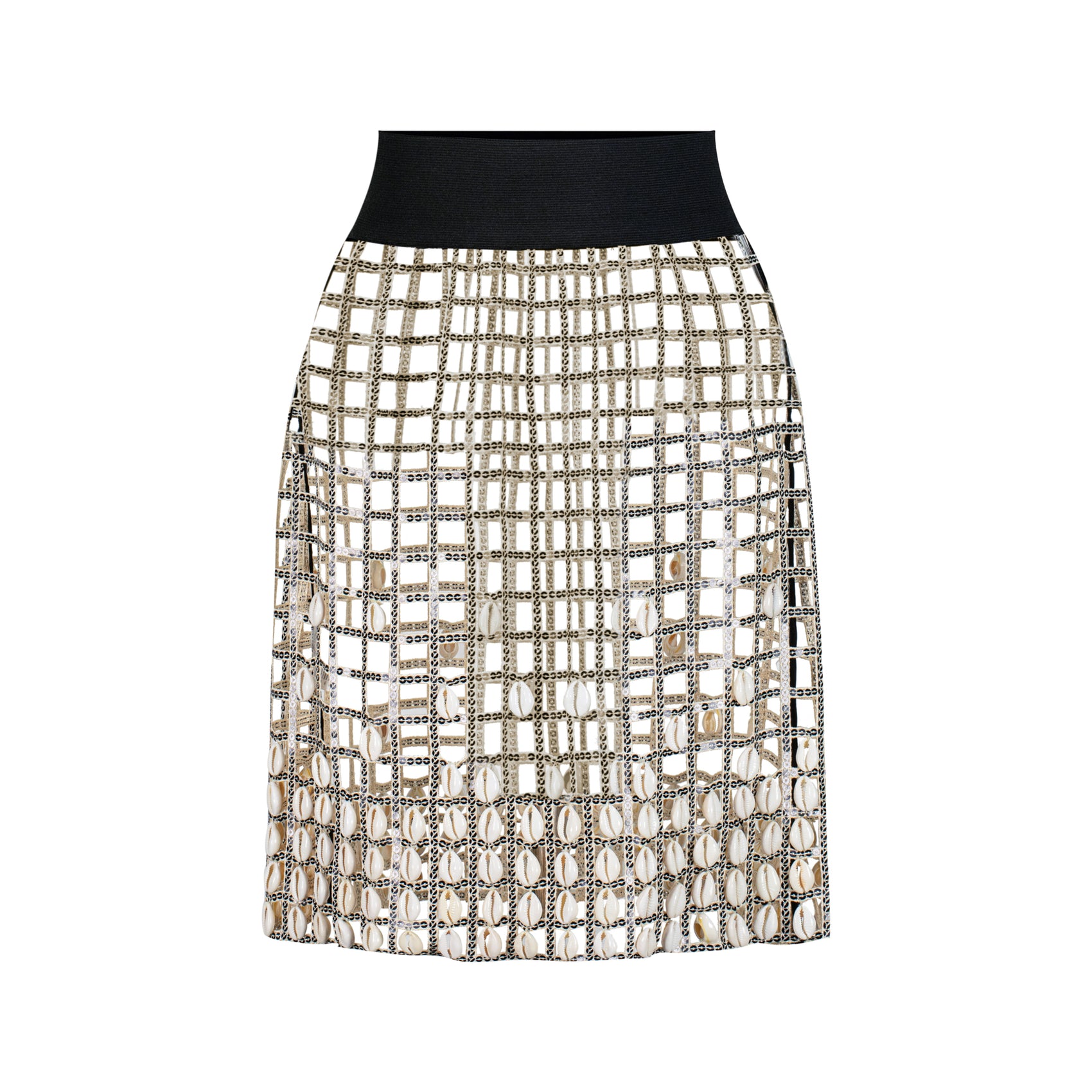 Sequin cut-out skirt with cowrie shells featuring beige sequins and elastic waistband.