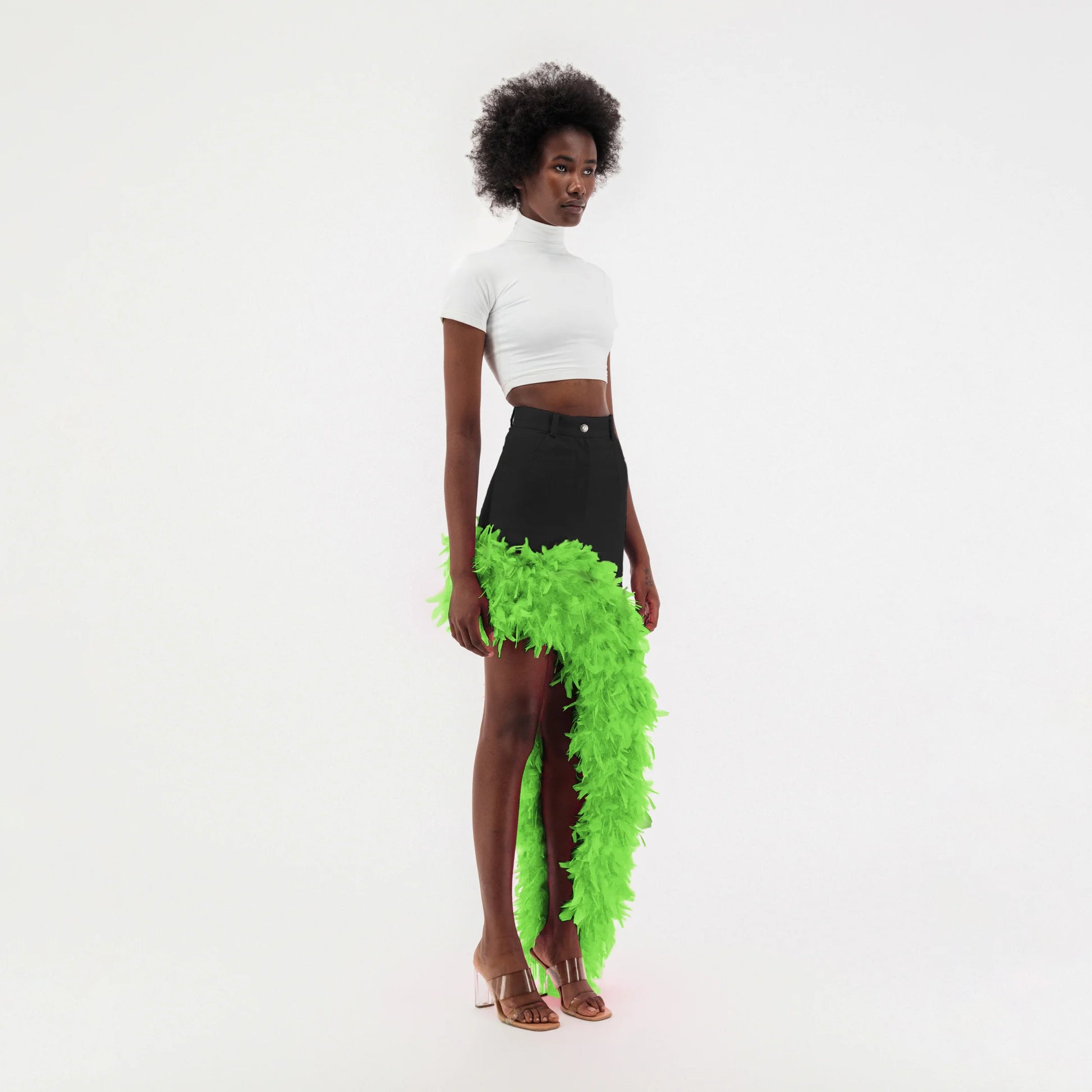 Black Denim Asymmetrical Green Feather Trim Skirt