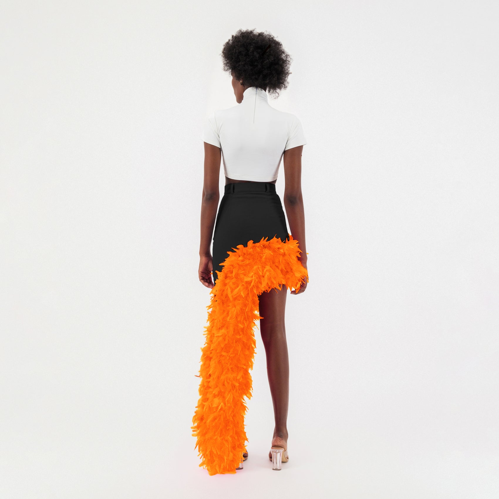 Black Denim Asymmetrical Orange Feather Trim Skirt
