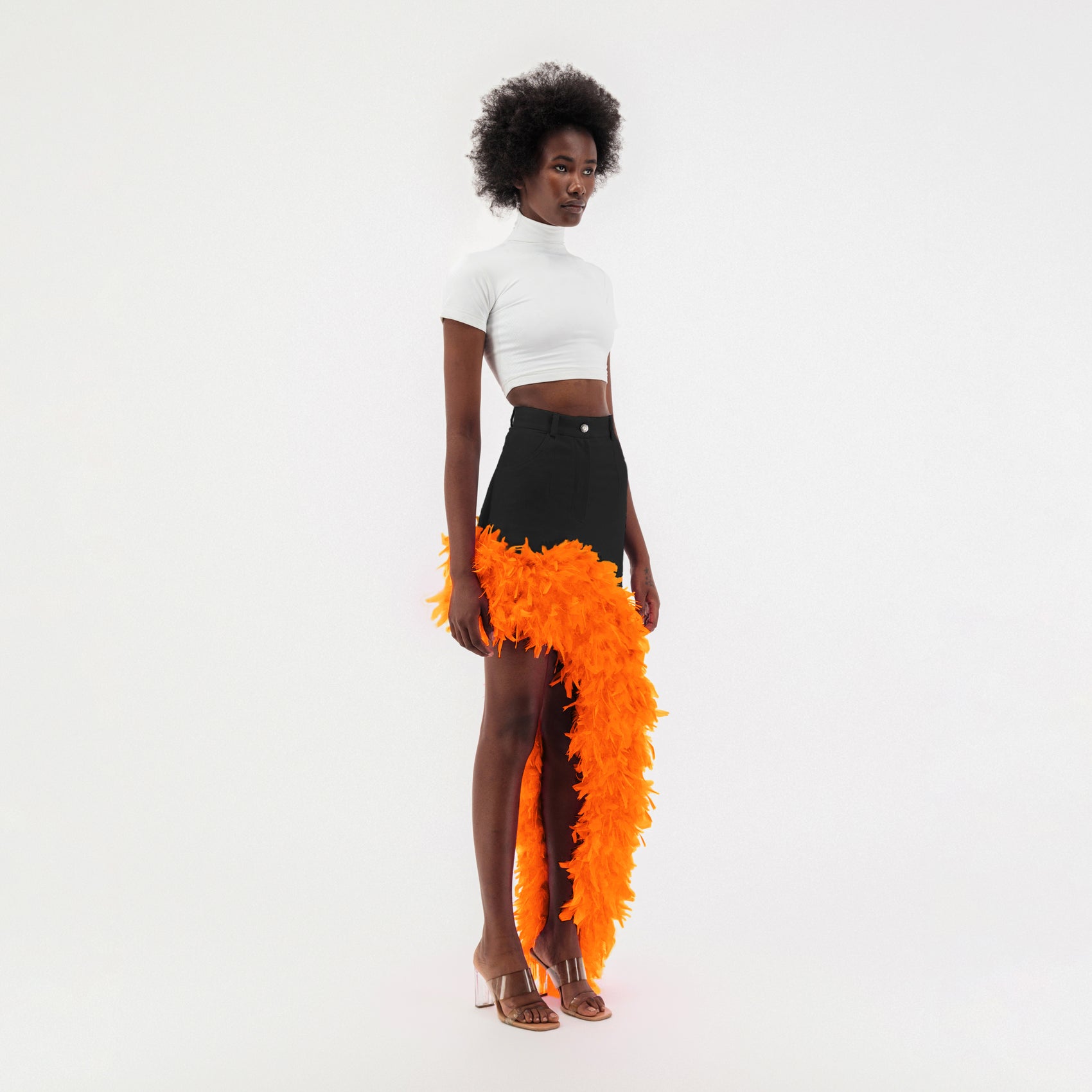 Black Denim Asymmetrical Orange Feather Trim Skirt
