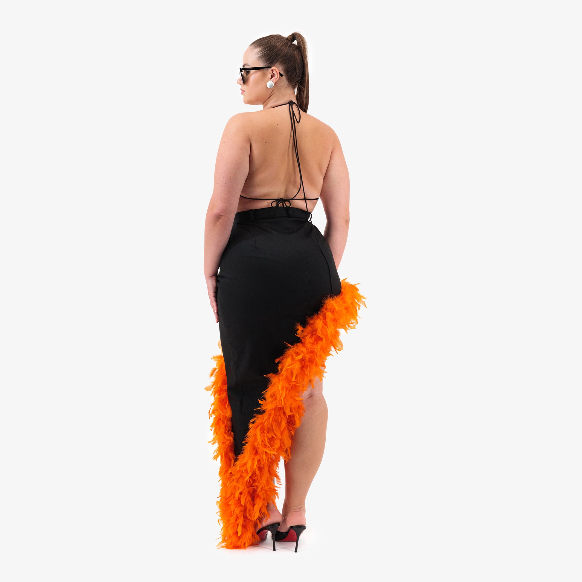 Black Denim Asymmetrical Orange Feather Trim Skirt