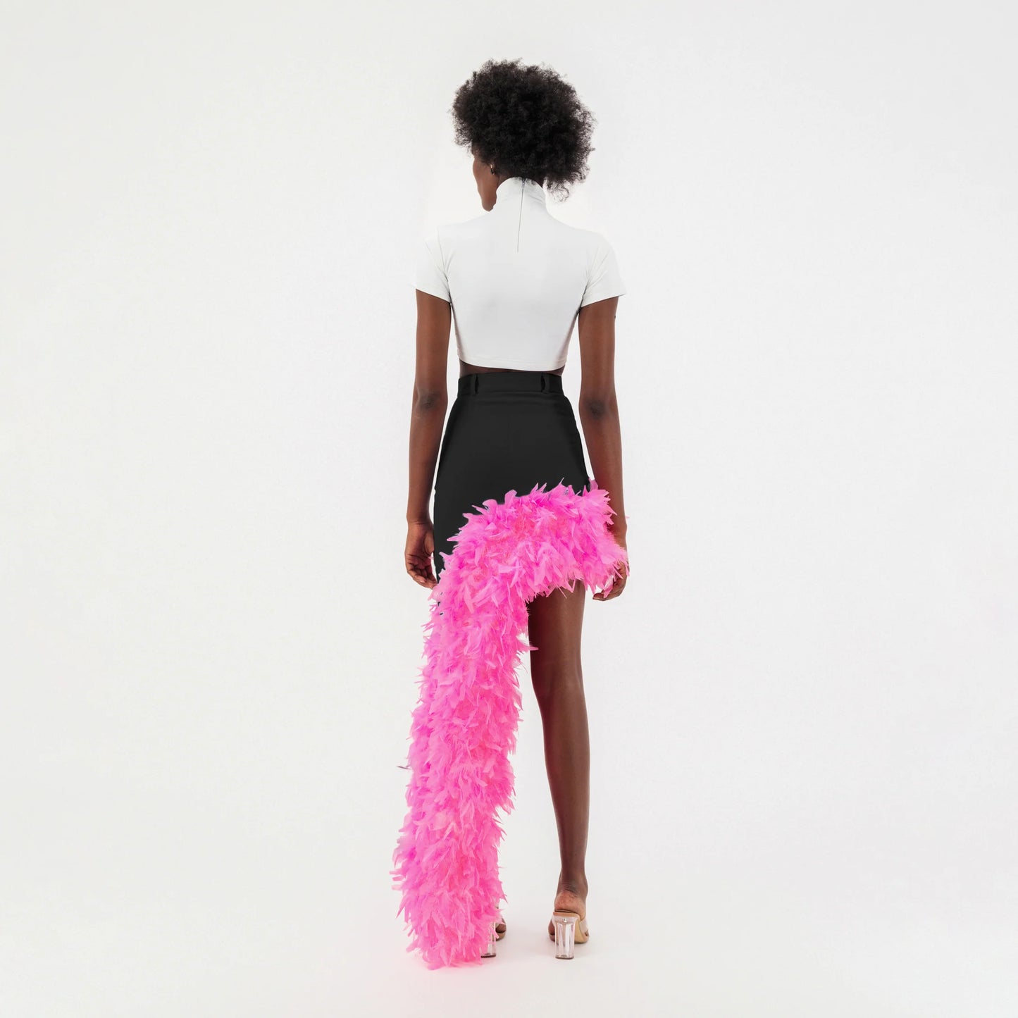 Black Denim Asymmetrical Pink Feather Trim Skirt