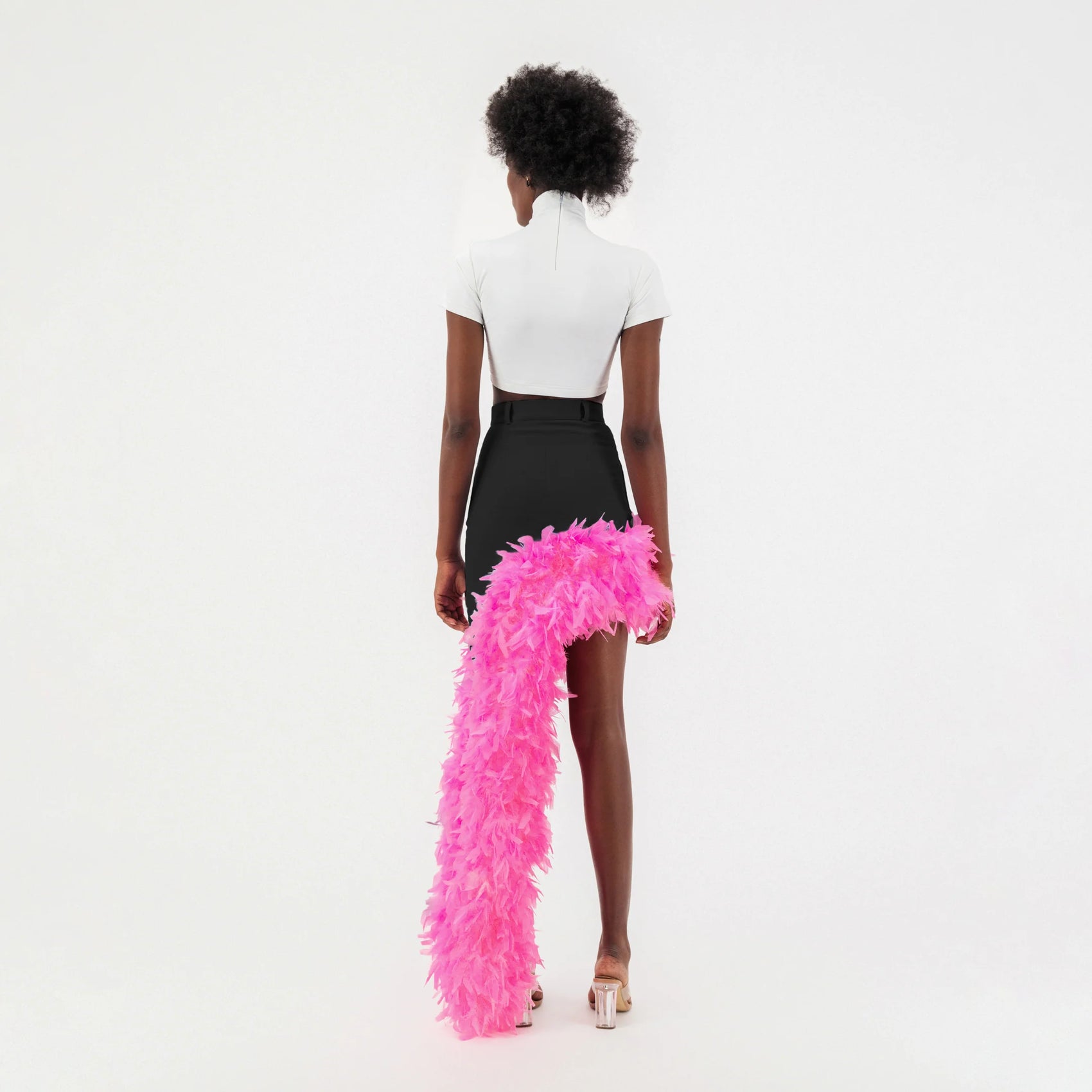 Black Denim Asymmetrical Pink Feather Trim Skirt