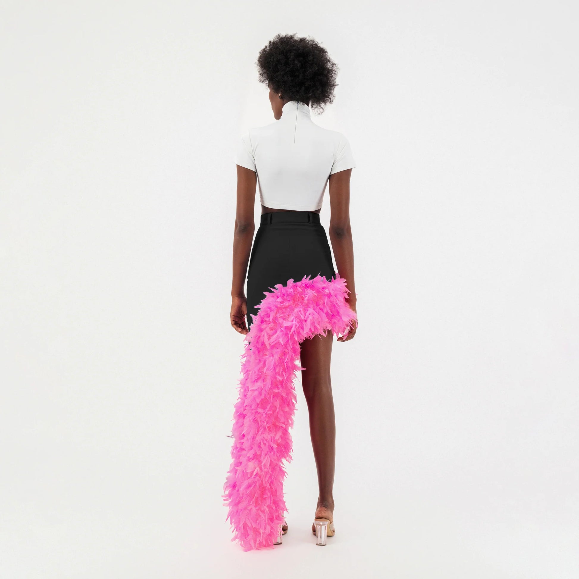 Black Denim Asymmetrical Pink Feather Trim Skirt