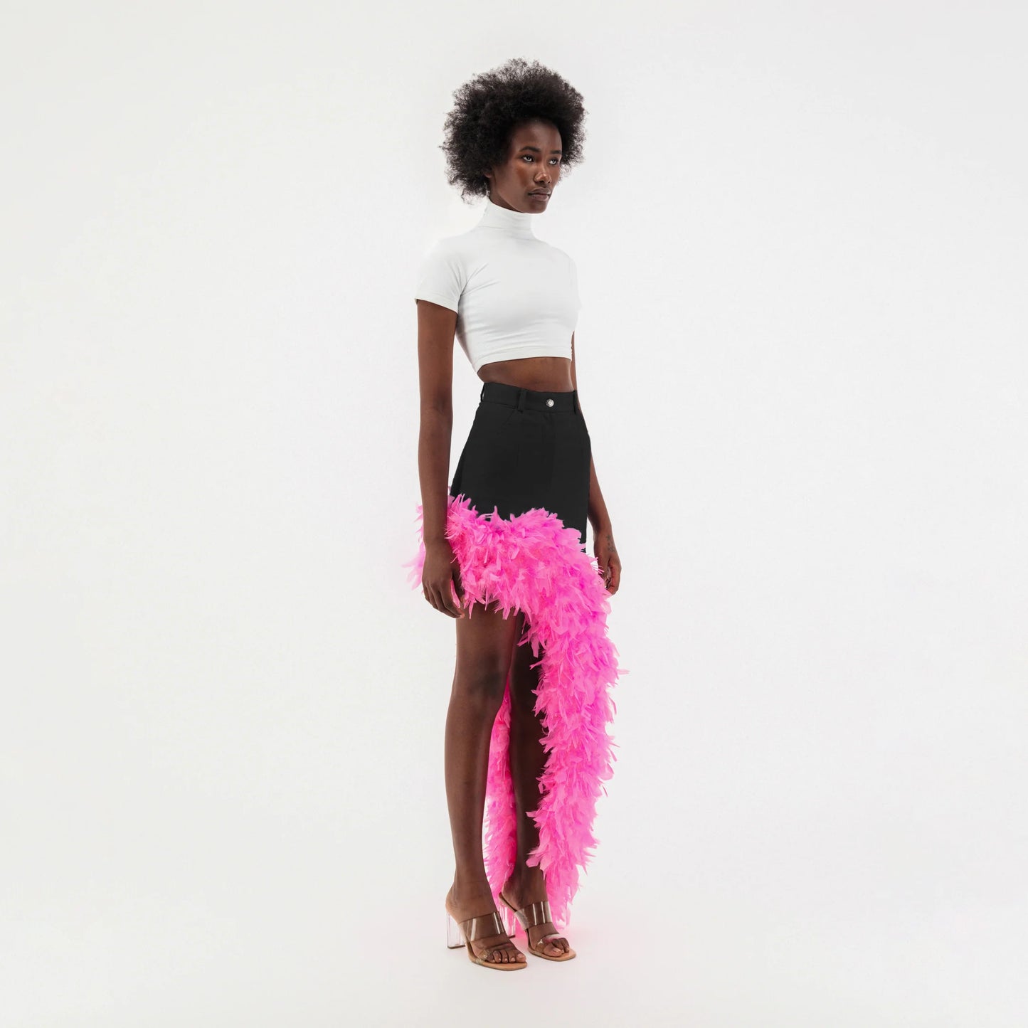 Black Denim Asymmetrical Pink Feather Trim Skirt