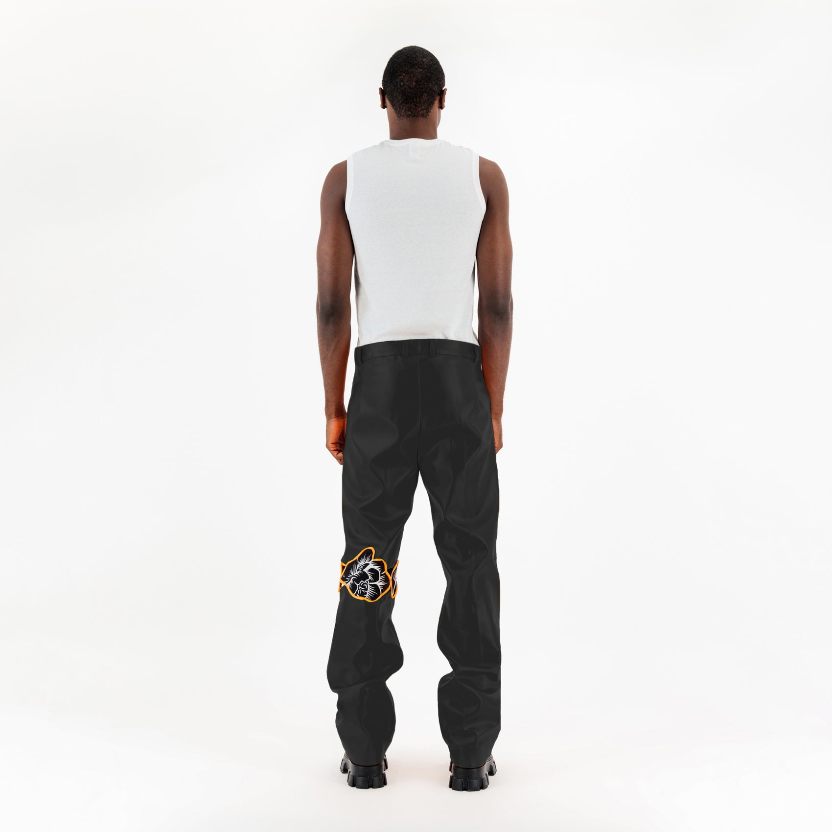 Black Faux Leather Flower Detail Pants
