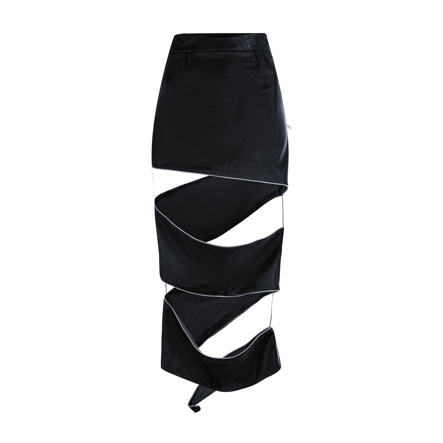 Black crocodile print pencil skirt with spiral cut-outs and adjustable zippers, emphasizing a stylish, modern silhouette.