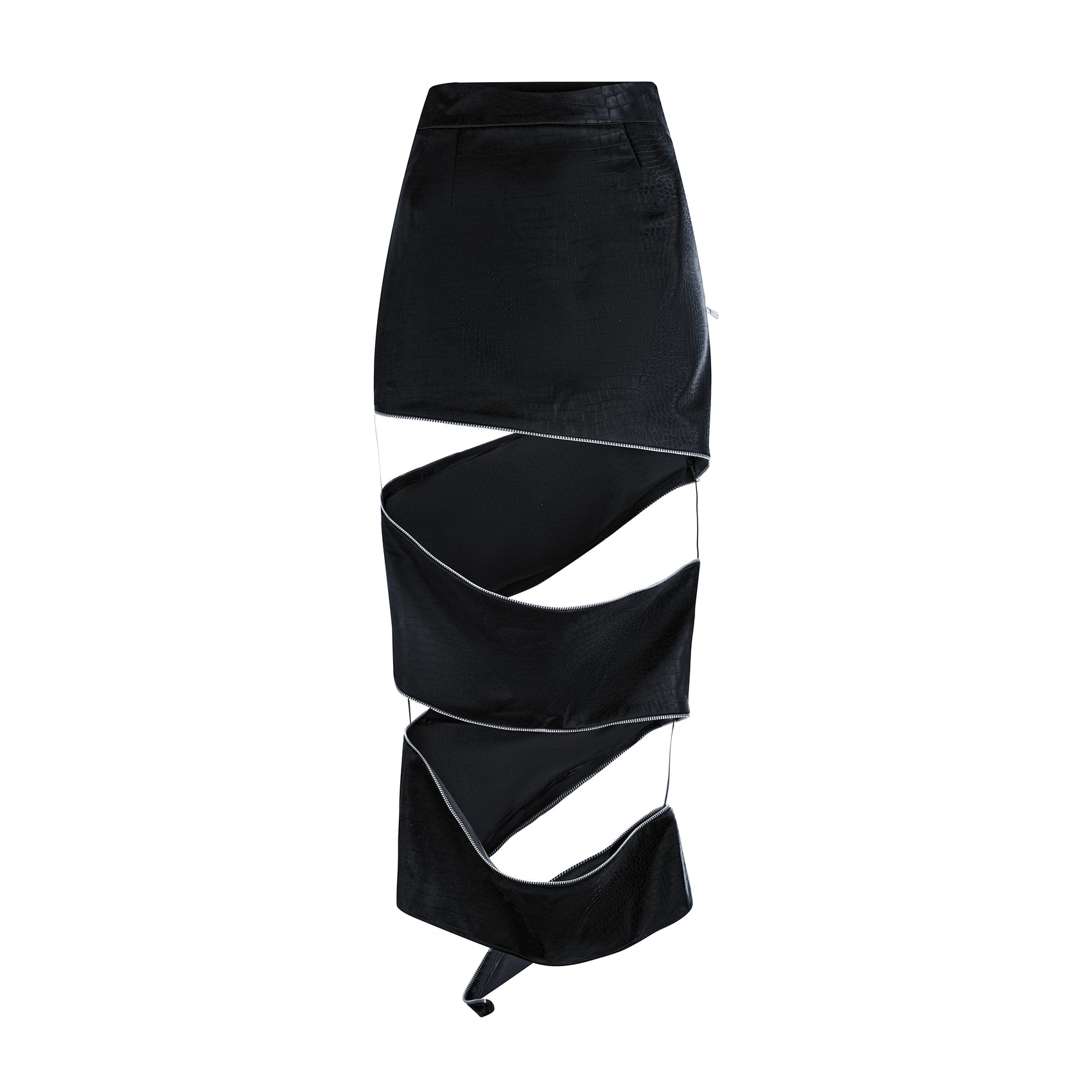 Black crocodile print pencil skirt with spiral cut-outs and adjustable zippers, emphasizing a stylish, modern silhouette.