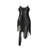Black sequin wavy dress featuring a fitted silhouette and wavy hem, ideal for stylish occasions.