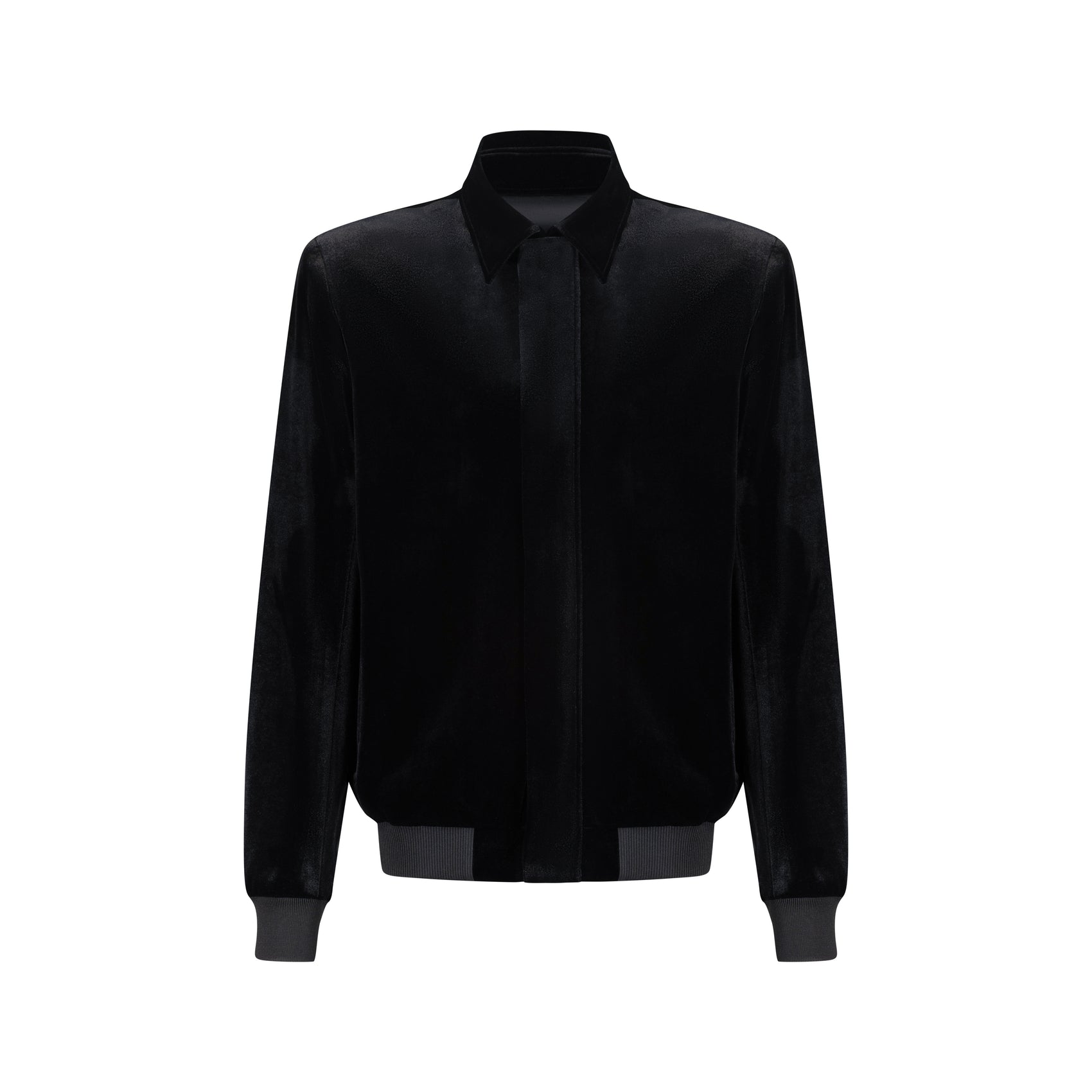 Black velvet bomber jacket featuring a hidden front zipper and tailored fit, perfect for stylish layering.