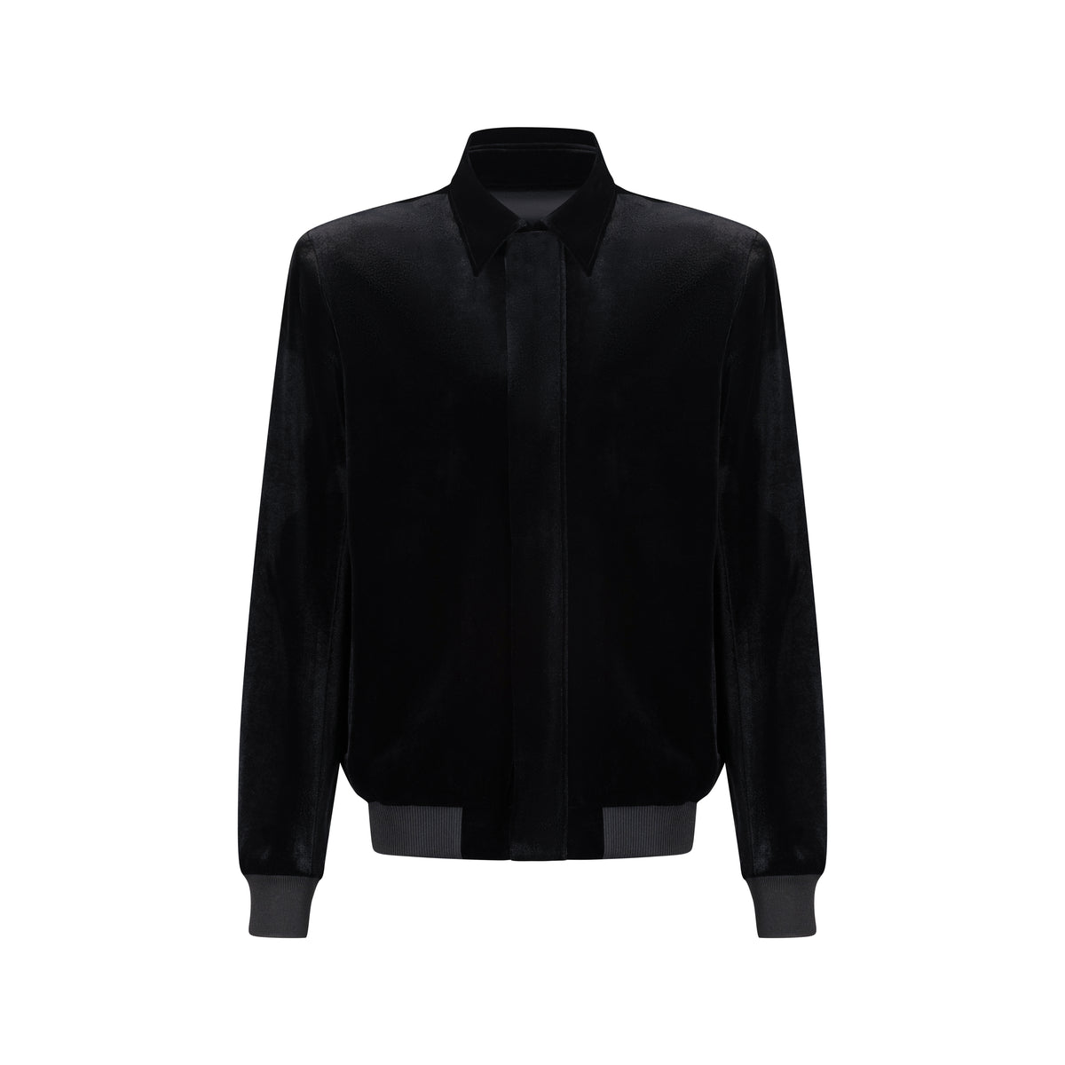 Black velvet bomber jacket featuring a hidden front zipper and tailored fit, perfect for stylish layering.