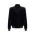 Black velvet bomber jacket featuring a hidden front zipper and tailored fit, perfect for stylish layering.