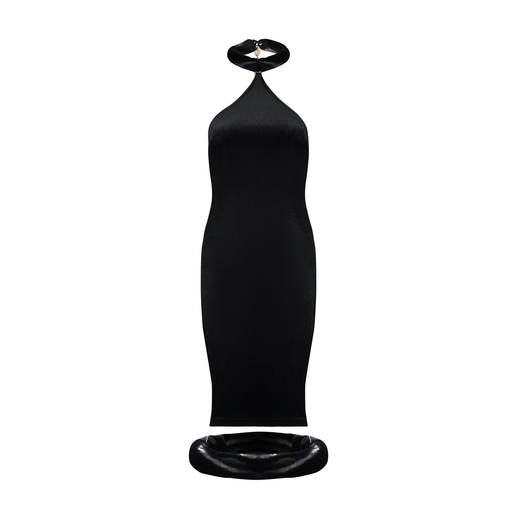 Black velvet mini dress with cowrie shells featuring an open back and oversized puffer collar.