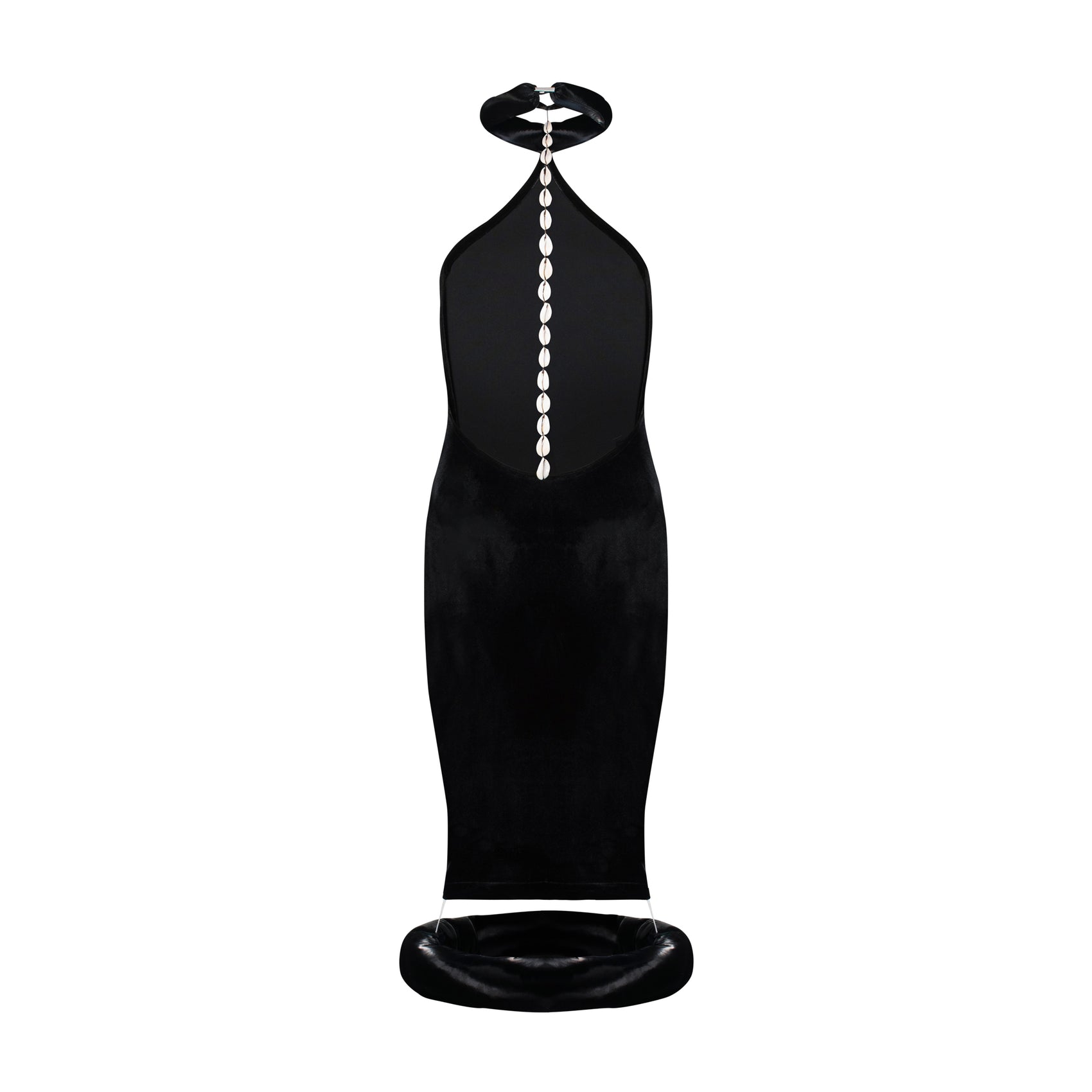 Black Velvet Cowrie Detailed Dress featuring an open back and cowrie shell strings with a sculptural puffer collar.