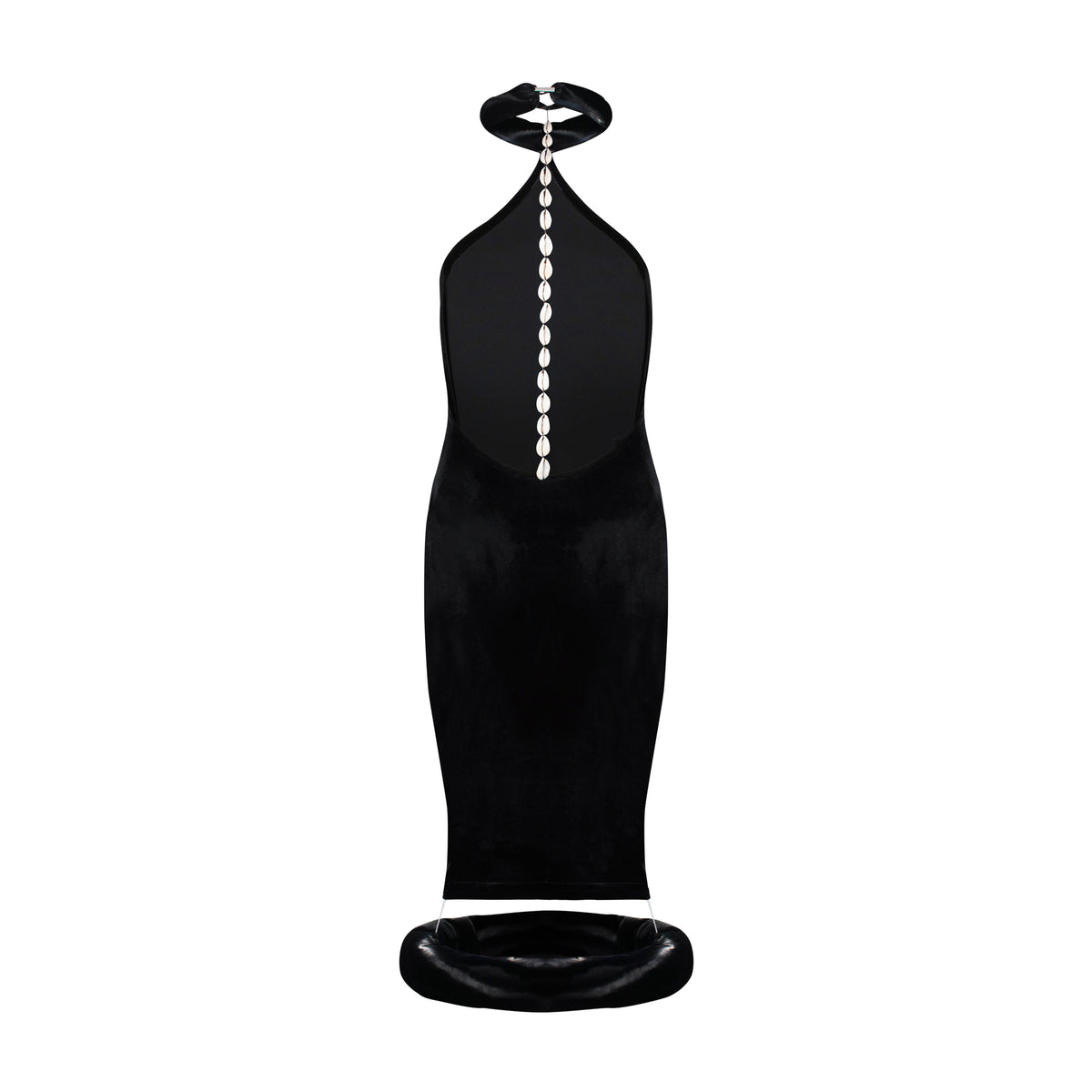 Black Velvet Cowrie Detailed Dress featuring an open back and cowrie shell strings with a sculptural puffer collar.