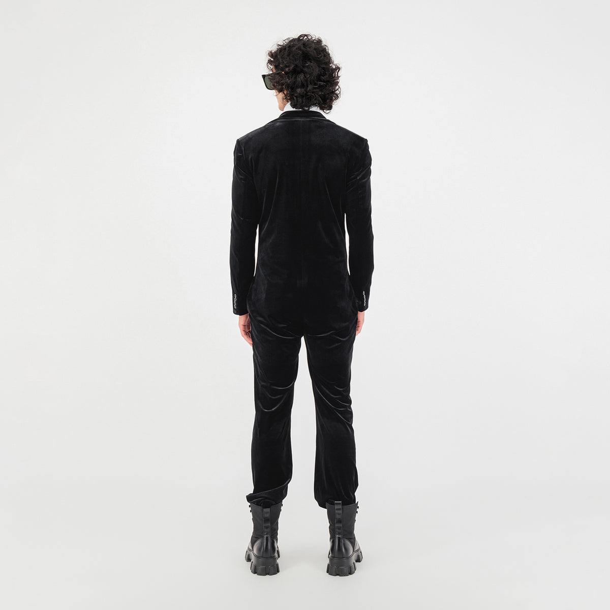 Black Velvet Jumpsuit with Deep V-Cut and Tailored Fit