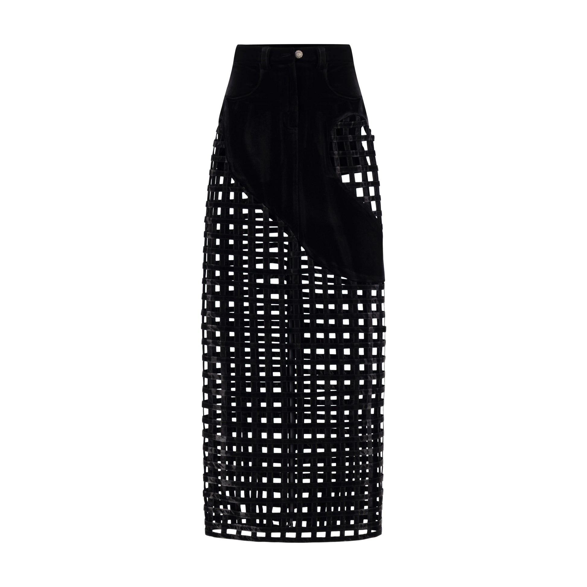 Black velvet maxi skirt with heart-cut hip details and front pockets, showcasing a bold silhouette.