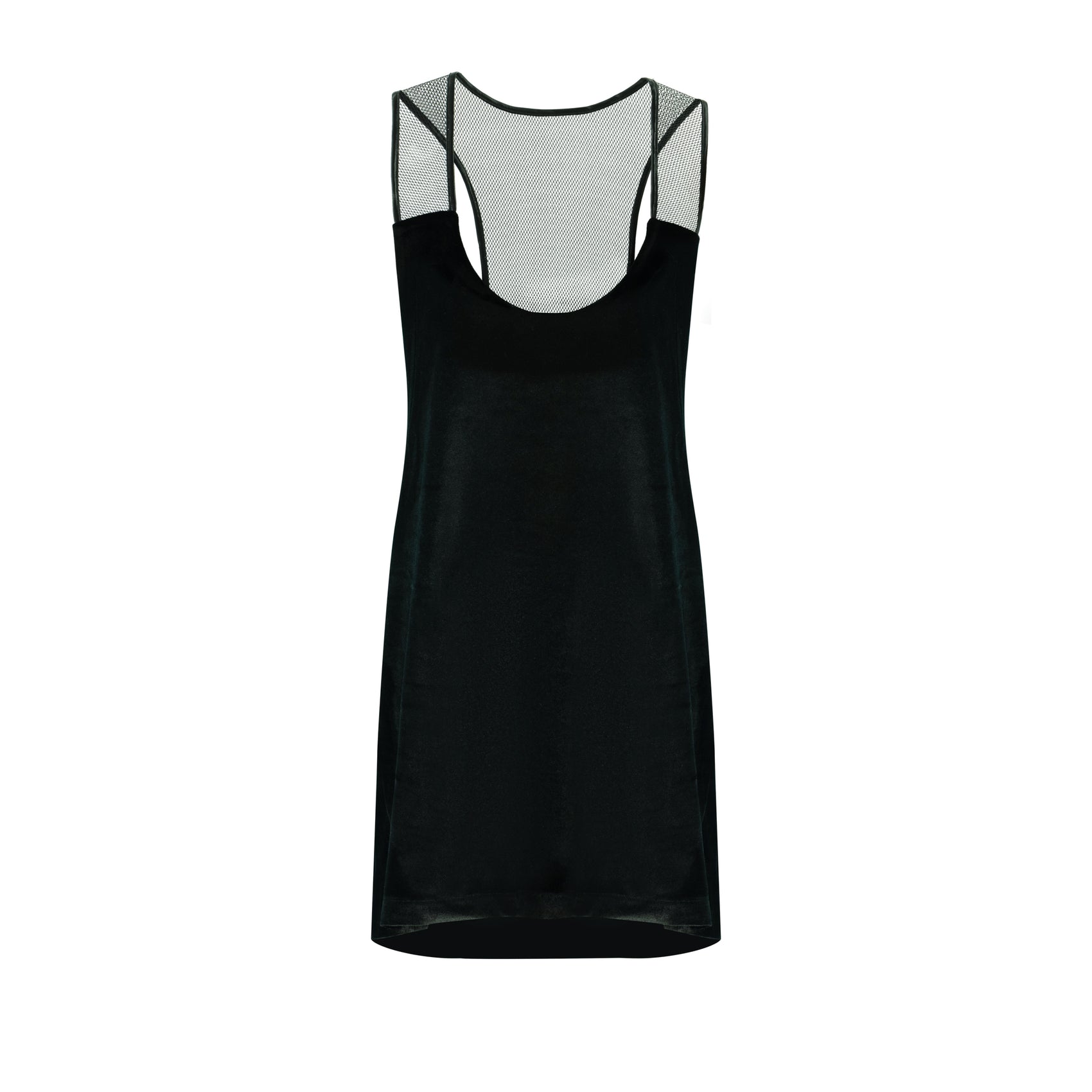 Black velvet unisex singlet with mesh detailing at shoulders and back, showcasing an oversized fit.