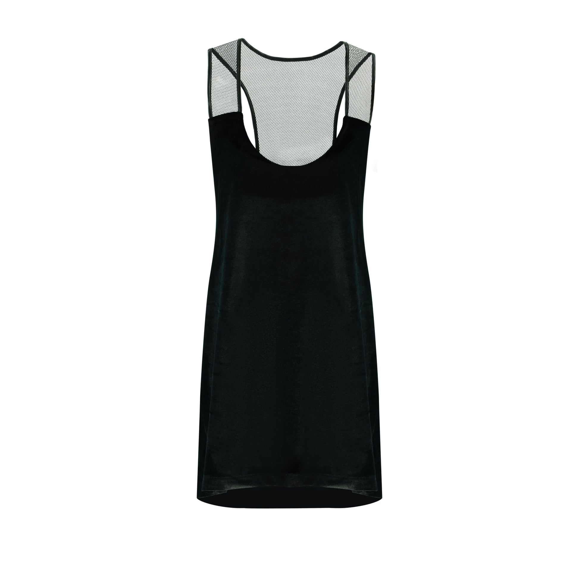 Black velvet unisex singlet with mesh detailing at shoulders and back, showcasing an oversized fit.