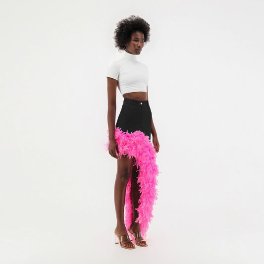 Black Denim Asymmetrical Pink Feather Trim Skirt