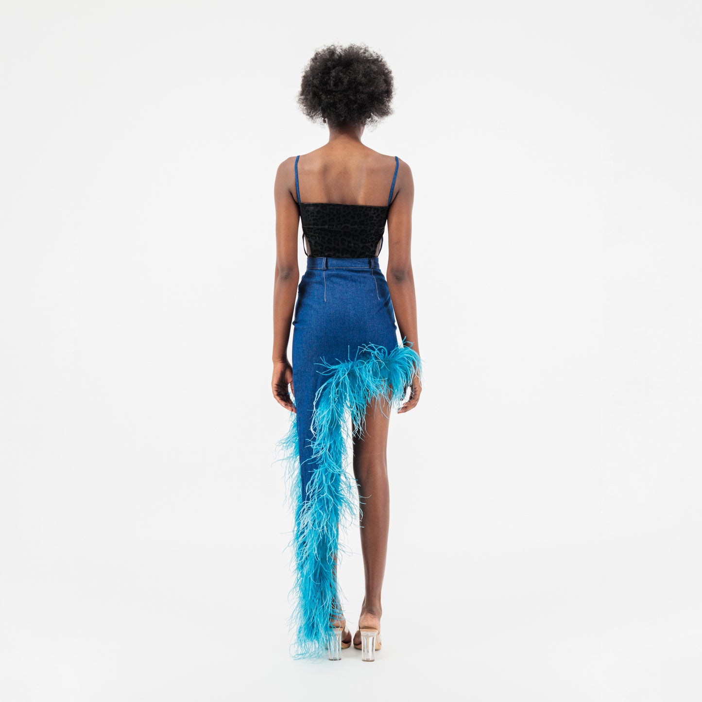 Blue Denim Asymmetrical Blue Feather Trim Skirt