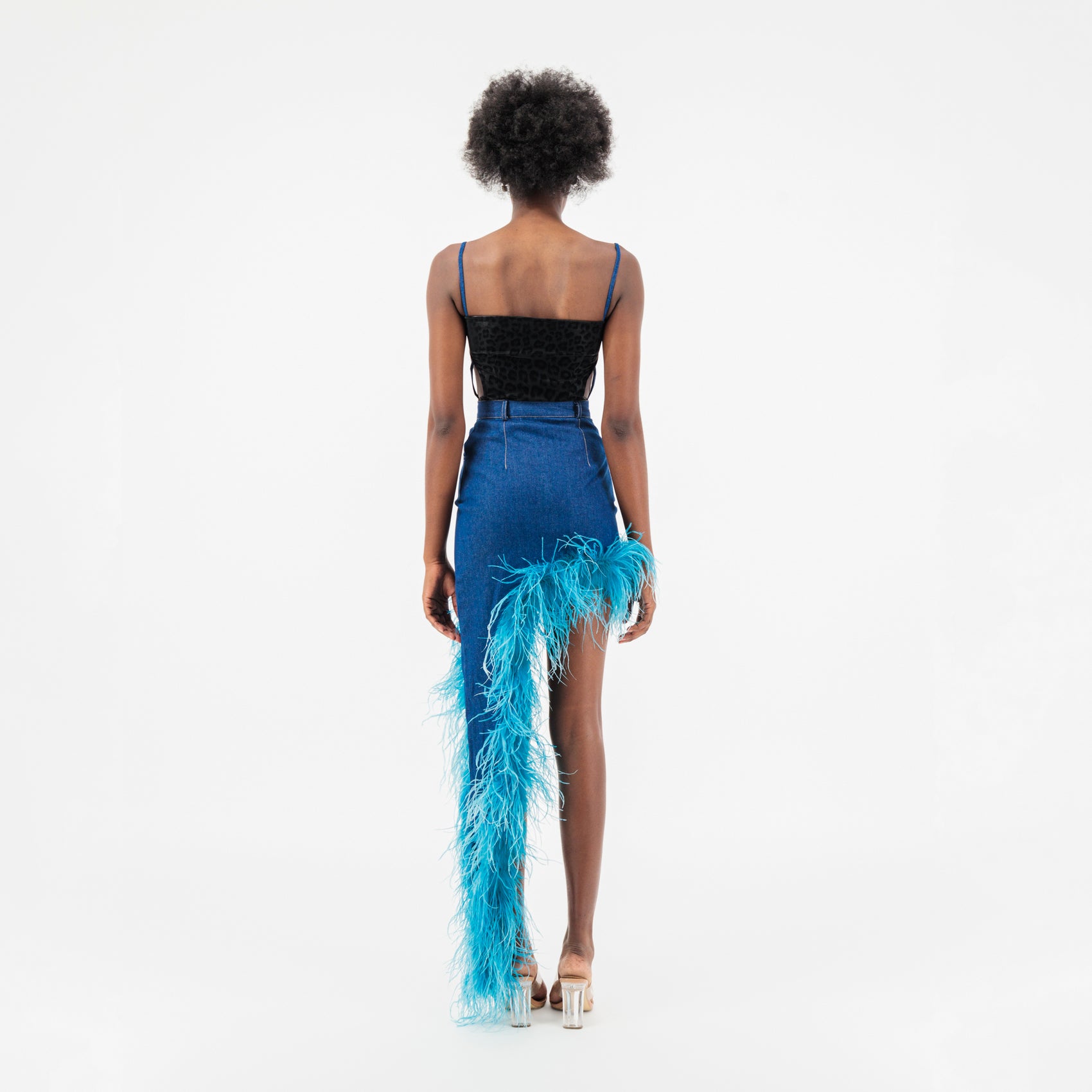 Blue Denim Asymmetrical Blue Feather Trim Skirt