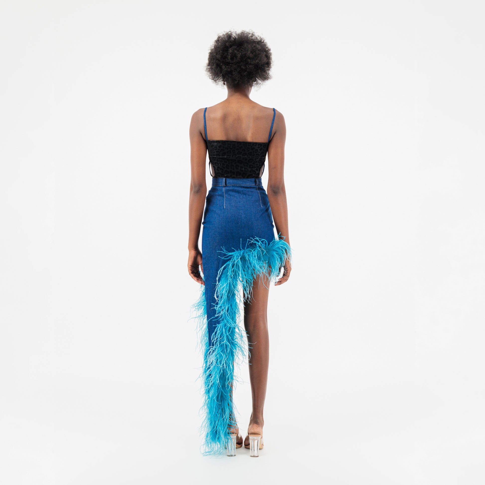 Blue Denim Asymmetrical Blue Feather Trim Skirt