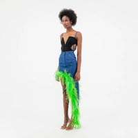 Blue Denim Asymmetrical Green Feather Trim Skirt