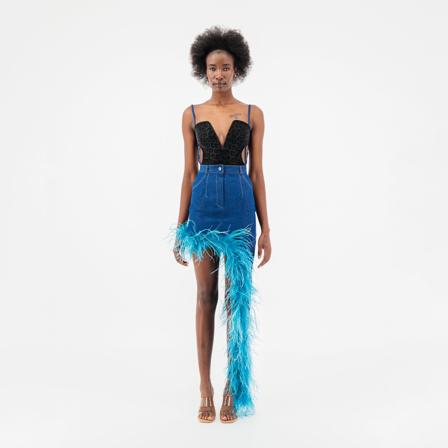 Blue Denim Asymmetrical Blue Feather Trim Skirt