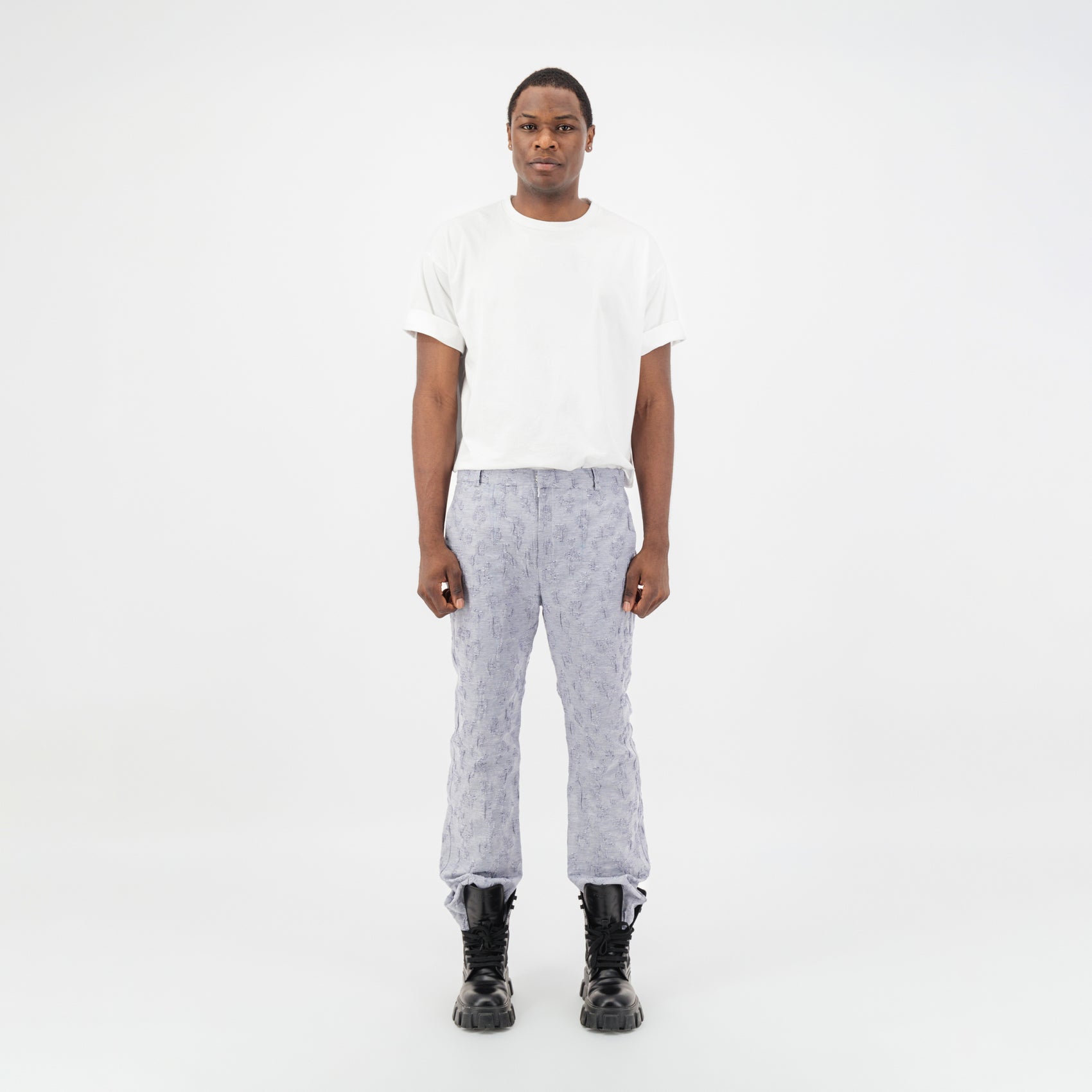Blue Embossed Jacquard Pants