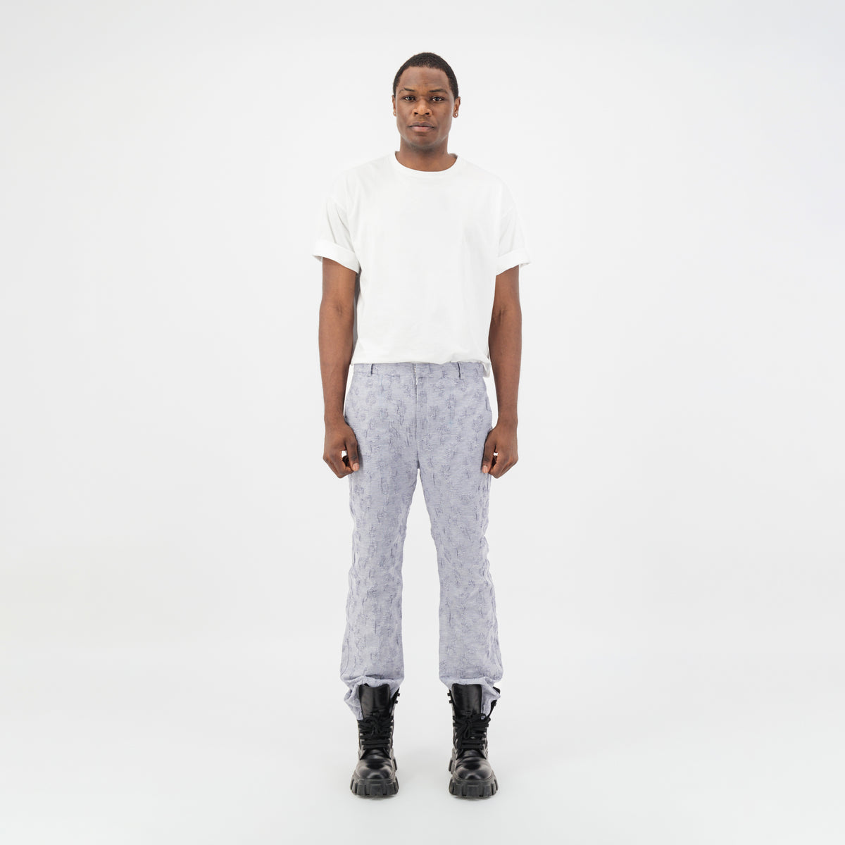 Blue Embossed Jacquard Pants