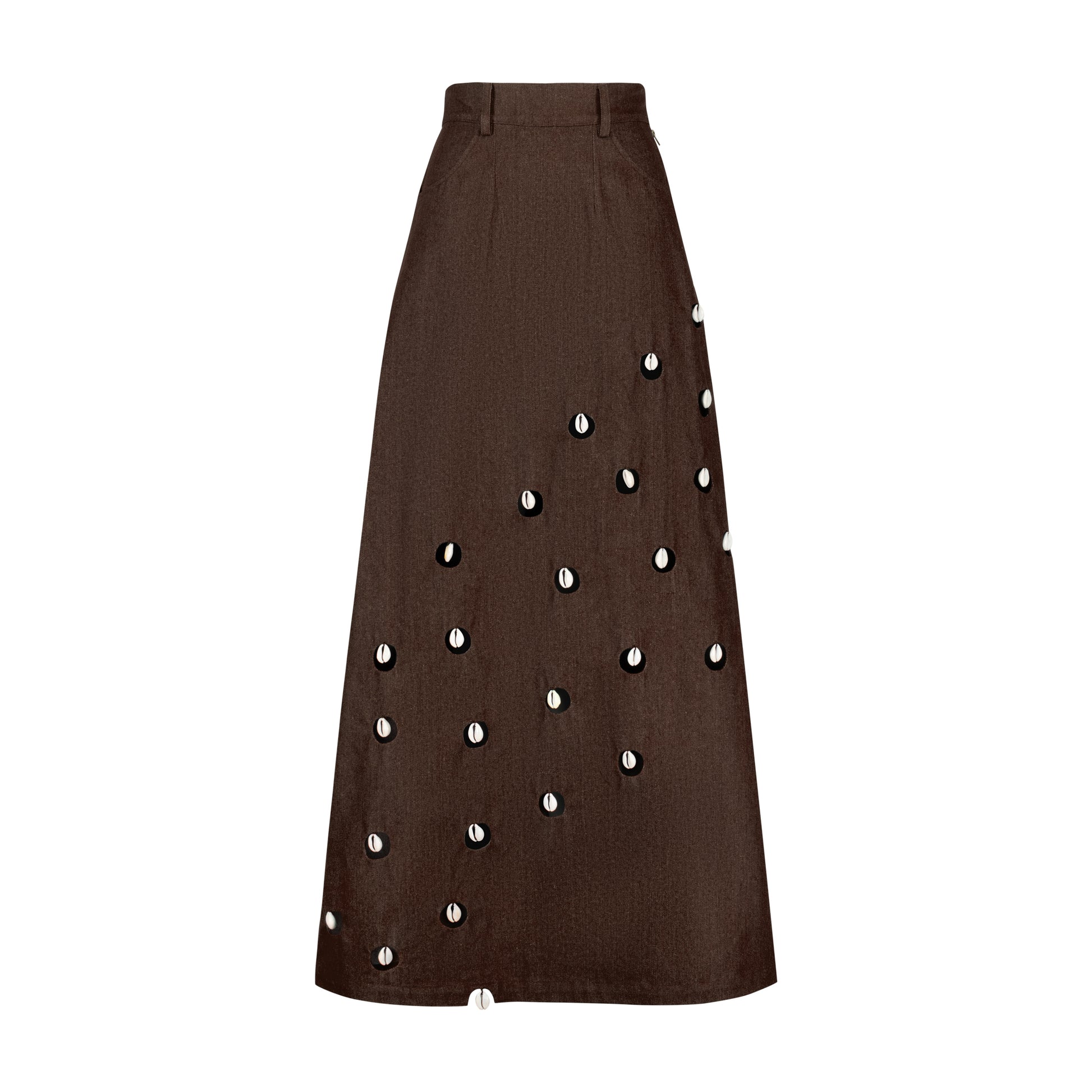 Cowrie Detail Denim Maxi Skirt - Brown, high-waisted A-line denim skirt with cowrie embellishments and pockets.