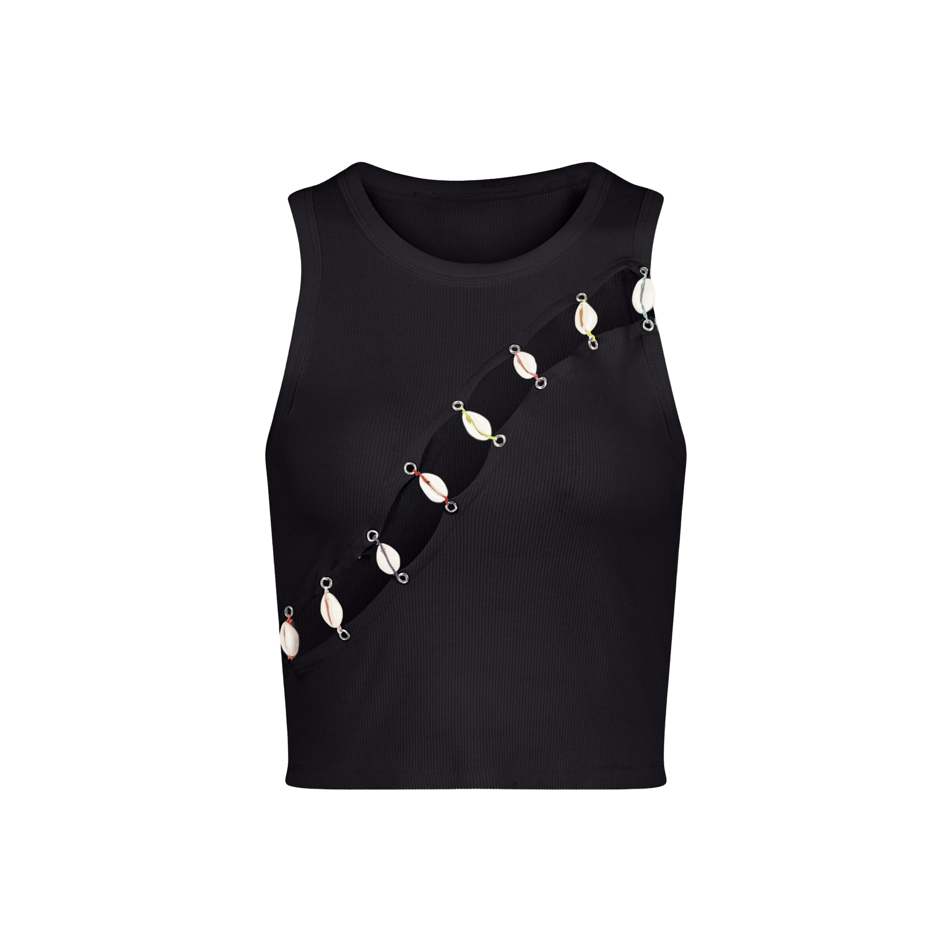 Cowrie embellished tank top featuring multicolored cowrie shell detail on a black fitted silhouette.