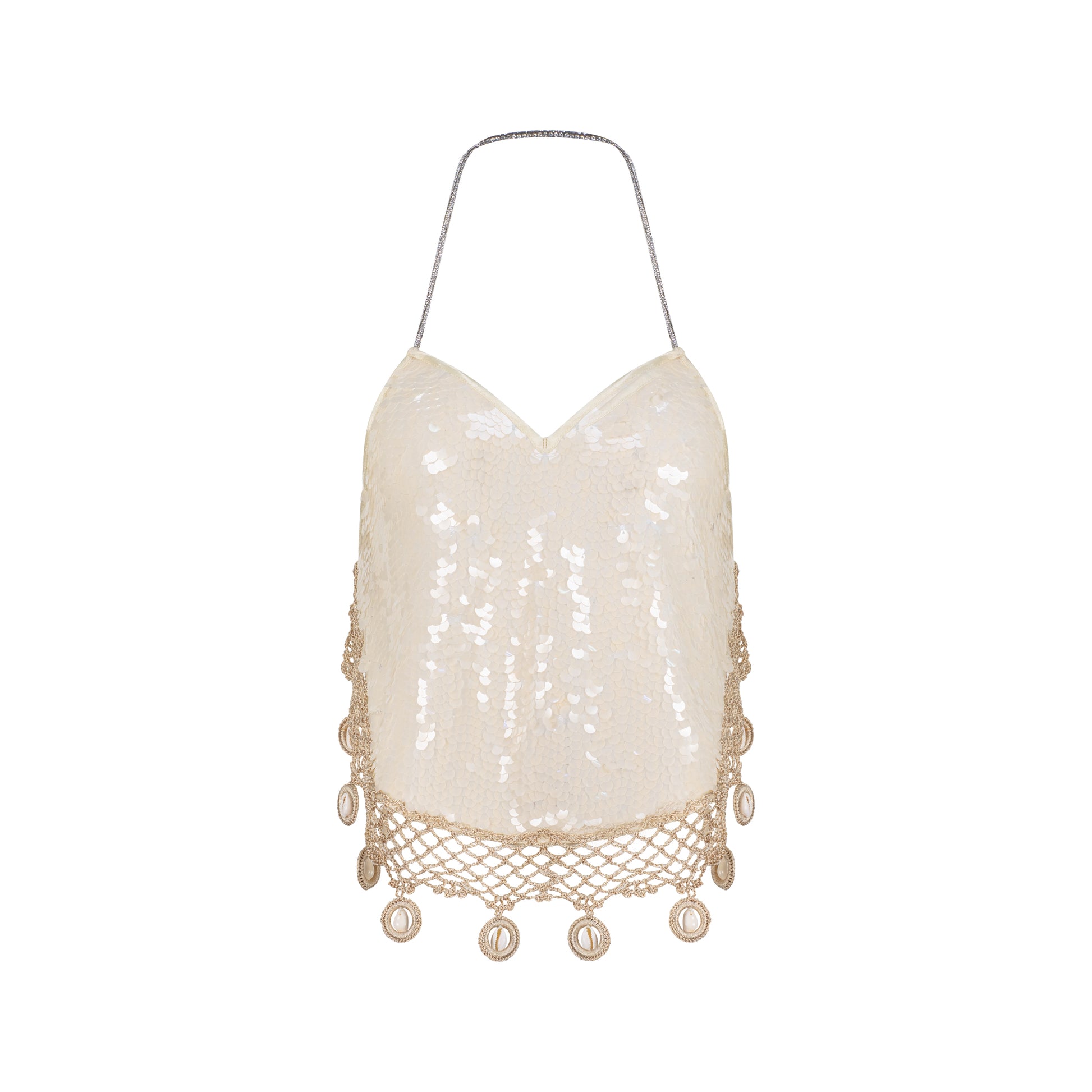 cream sequin halter neck crop top featuring crystal-embellished straps and crochet detailing with cowrie shells.