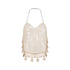 cream sequin halter neck crop top featuring crystal-embellished straps and crochet detailing with cowrie shells.