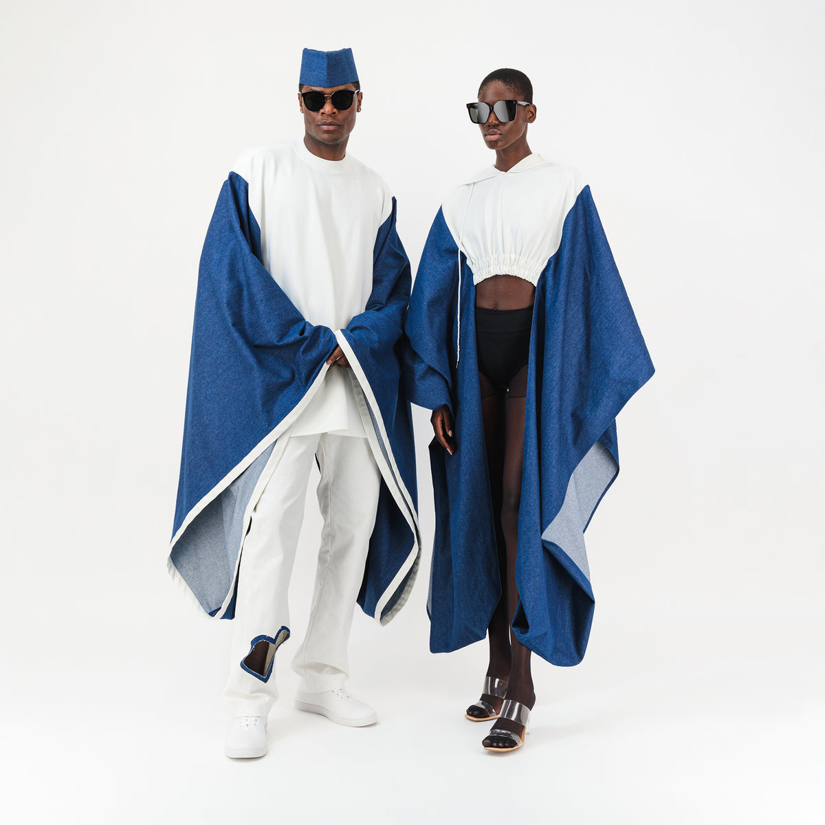 Denim Agbada Sleeves Crop Hoodie