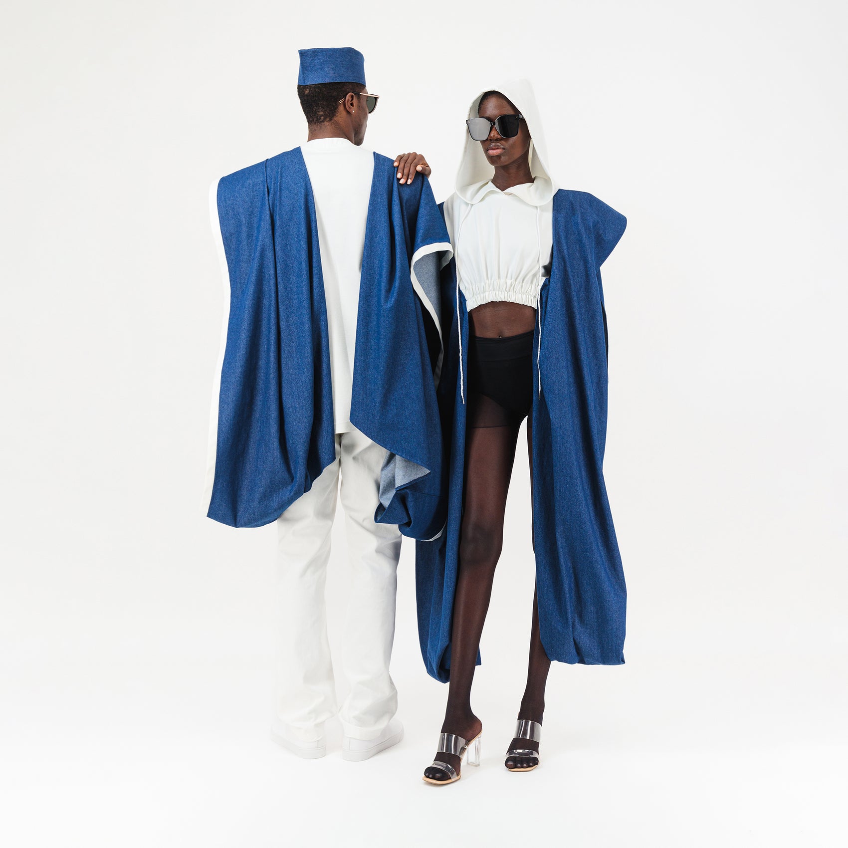 Denim Agbada Sleeves Crop Hoodie