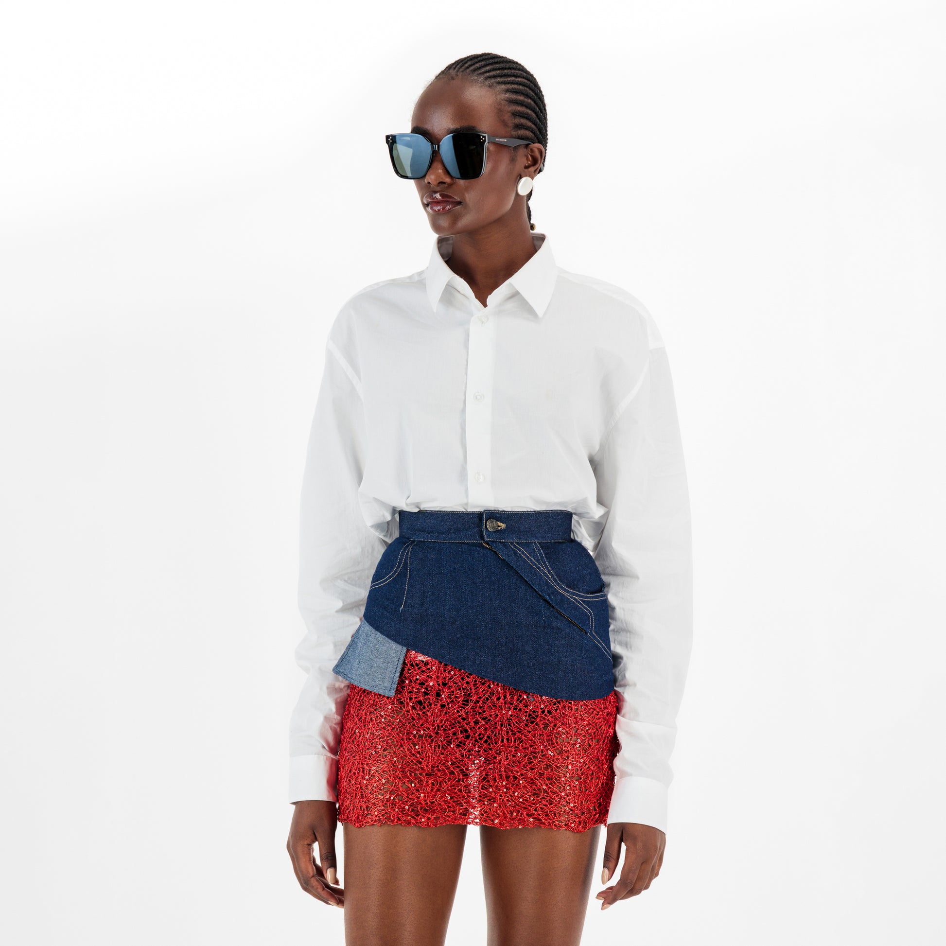 Denim Red Lace Mini Skirt