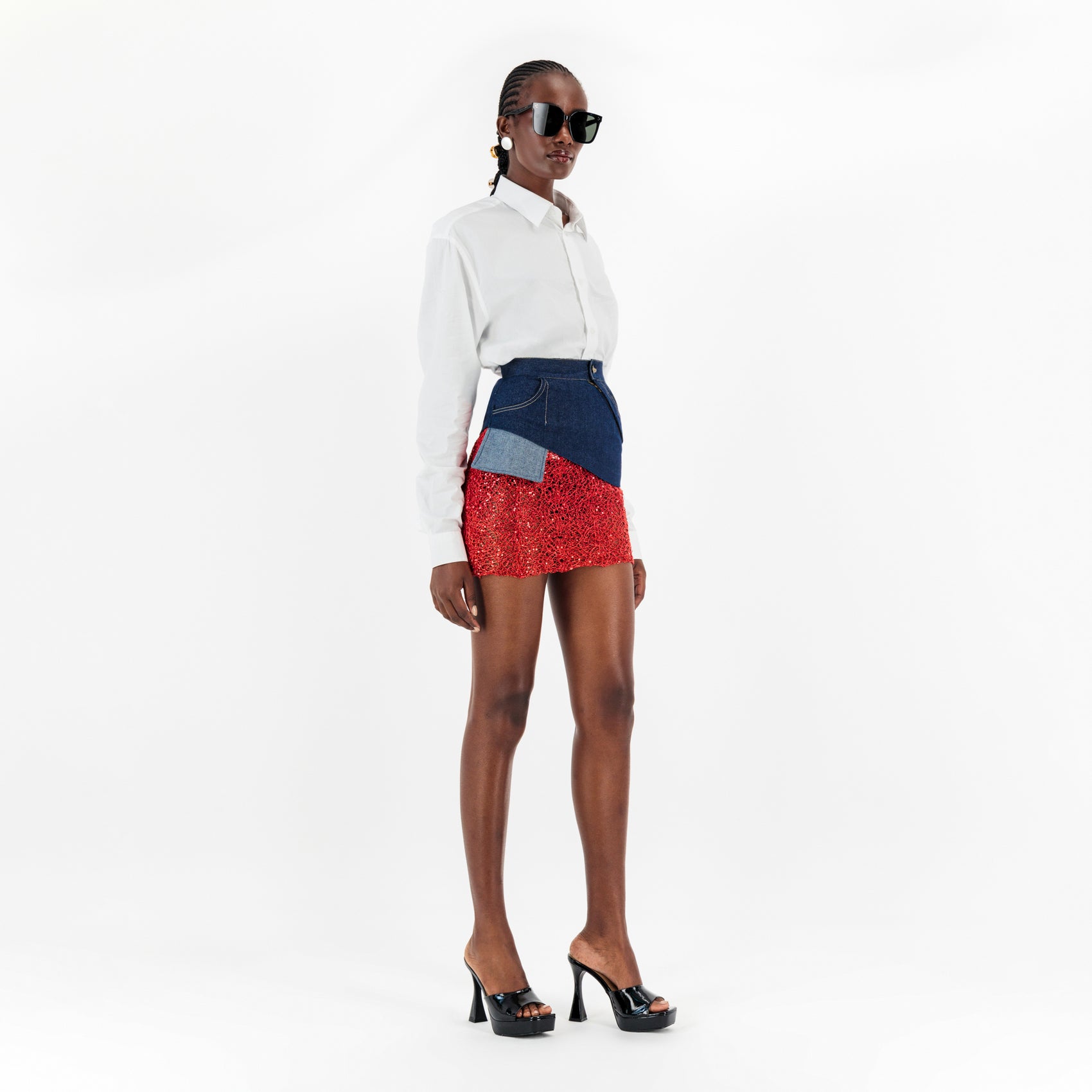 Denim Red Lace Mini Skirt