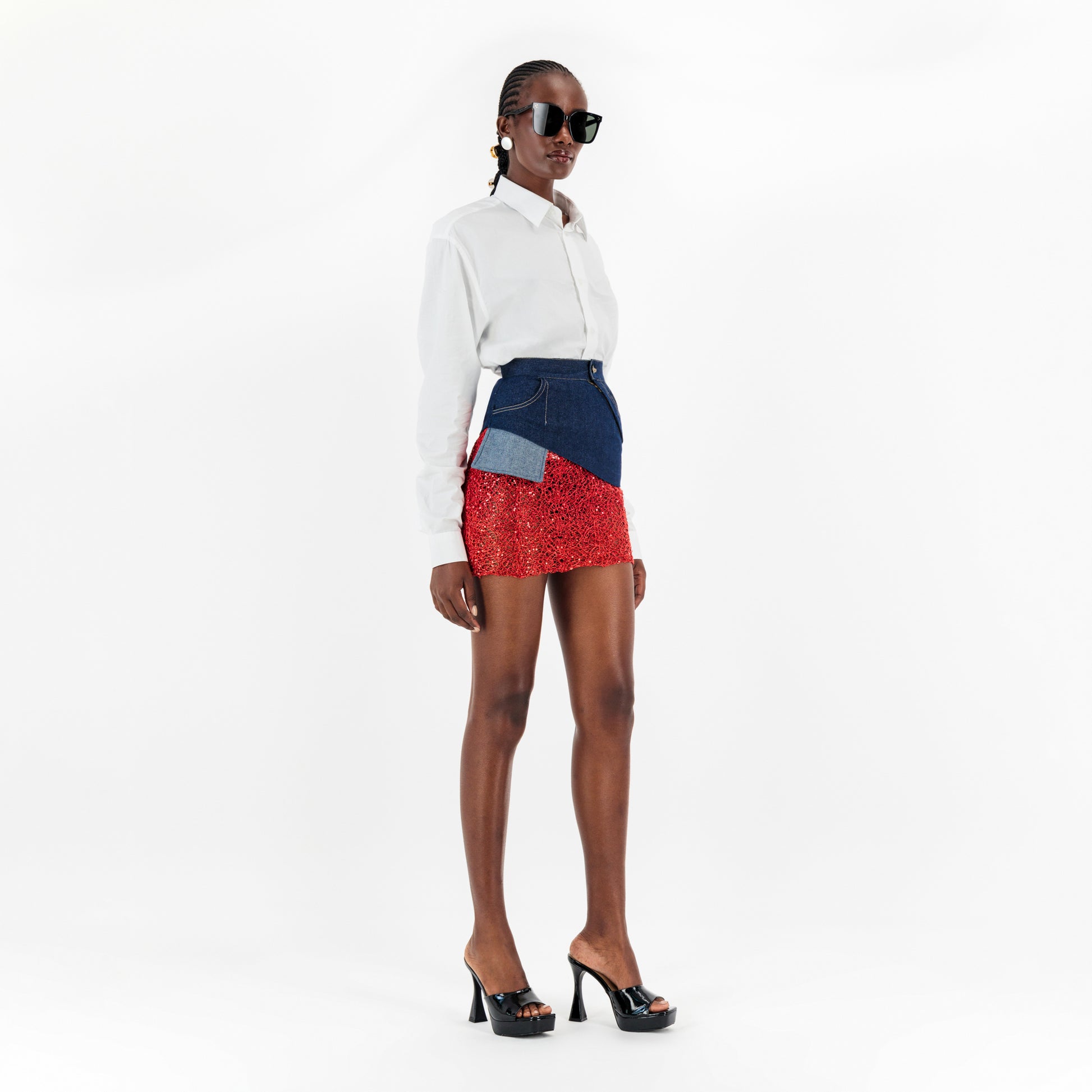 Denim Red Lace Mini Skirt