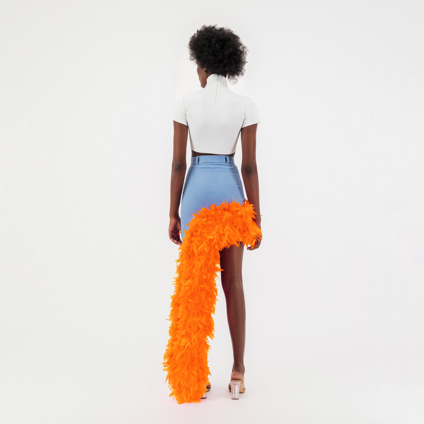 Denim Asymmetrical Feather Trim Skirt