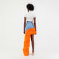 Washed Blue Denim Asymmetrical Orange Feather Trim Skirt