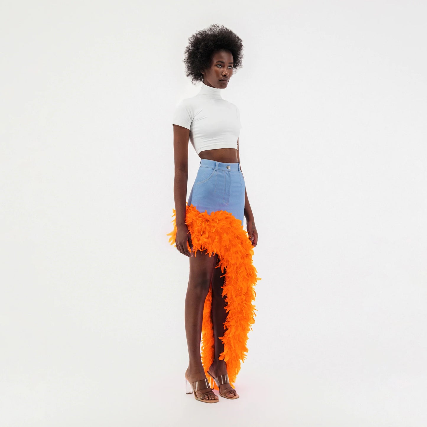 Washed Blue Denim Asymmetrical Orange Feather Trim Skirt