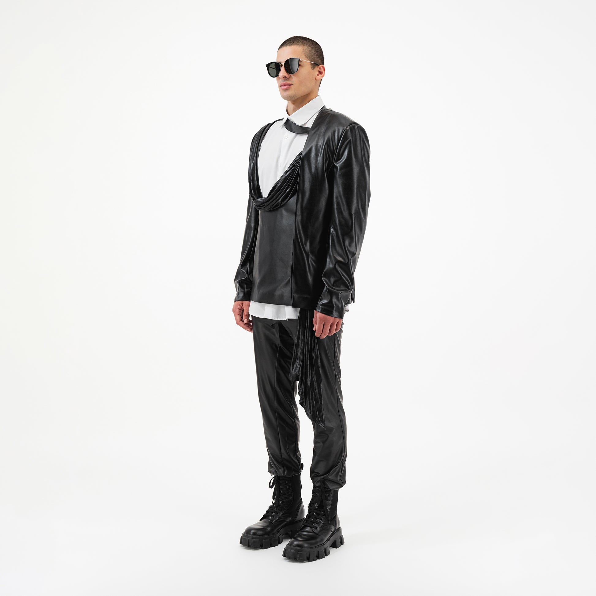 Leather Scarf Jacket with Attached Scarf Detail
