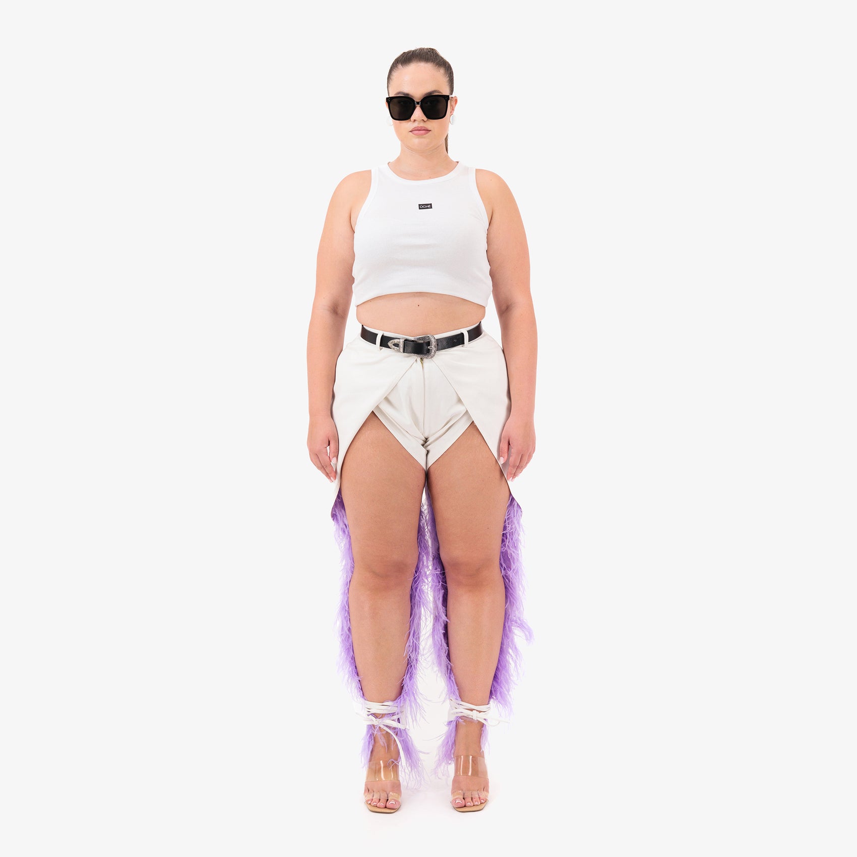 Feather tie- ankle pants In White