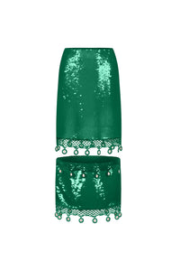 Floating Sequin Midi Skirt - Green sequined pencil skirt with crocheted hem and cowrie shell details.