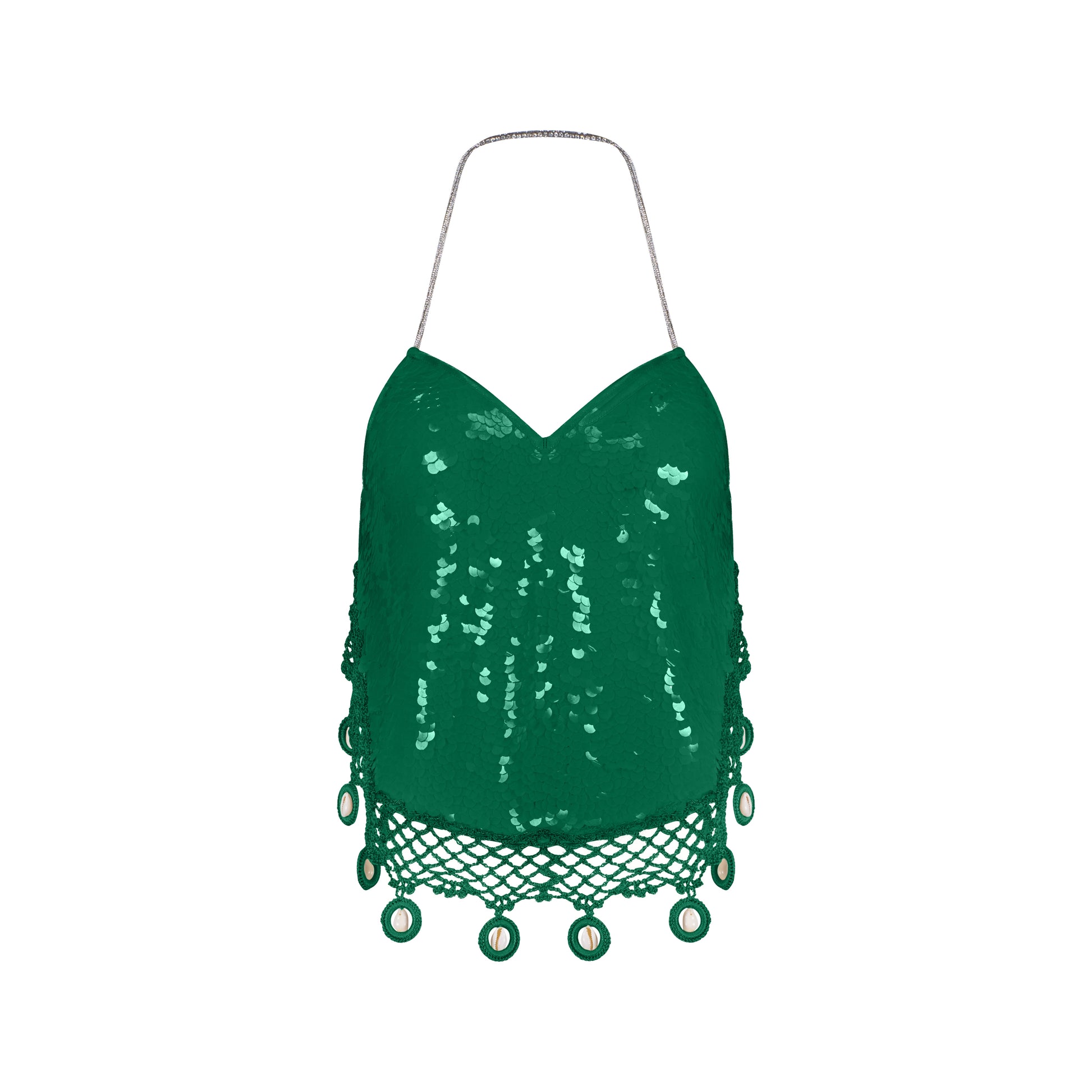 Green sequin halter neck crop top with crochet hem and cowrie shell details, ideal for stylish summer outings.