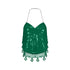 Green sequin halter neck crop top with crochet hem and cowrie shell details, ideal for stylish summer outings.