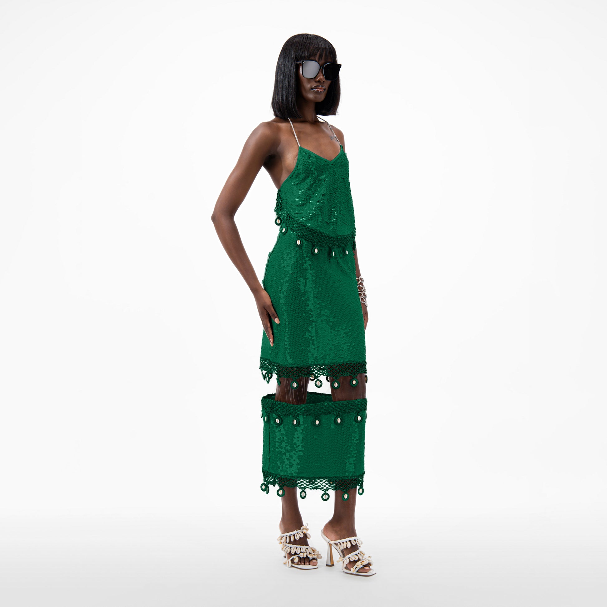 Sequin Halter Neck Crop Top in green with crystal-embellished strap and open back design, featuring crochet hemming.
